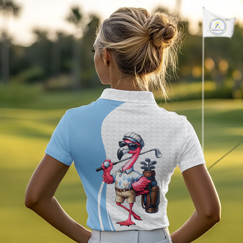 Blue Funny Flamingo Polo Shirt For Womens, Golf Polo Shirts Custom Name, Flamingo Golf Shirts NHT594