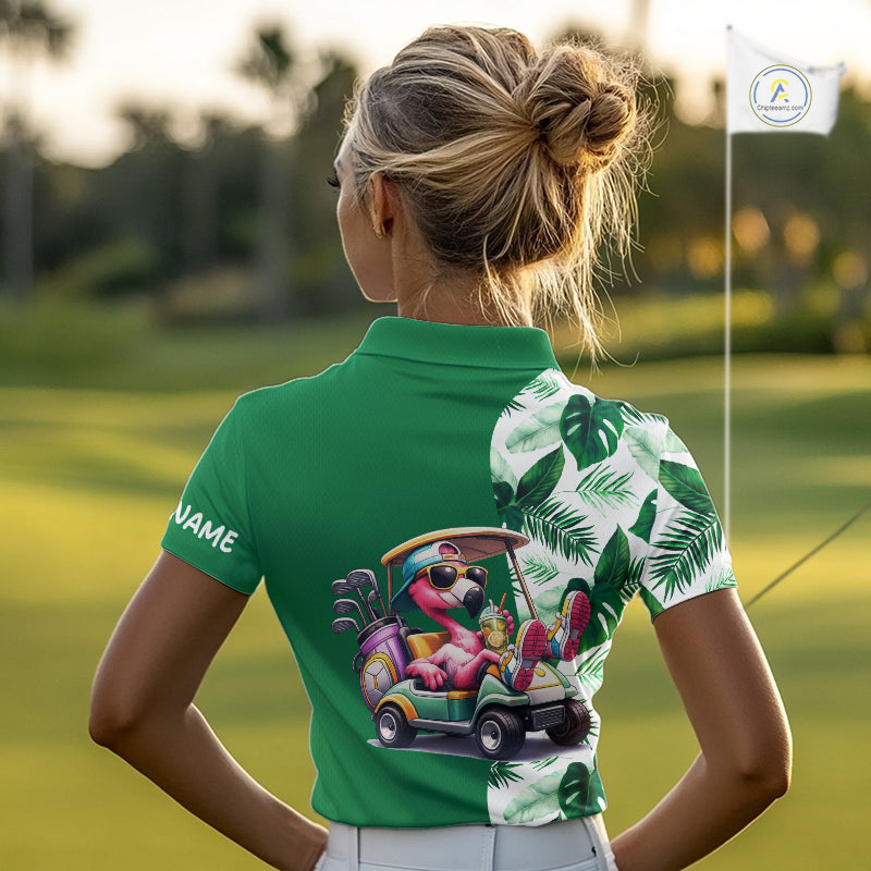 Personalized Tropical Leaf Green Golf Cart Design, Custom Flamingo Funny Womens Golf Polo Shirt  NHT596