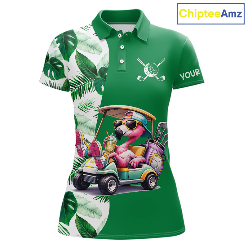 Personalized Tropical Leaf Green Golf Cart Design, Custom Flamingo Funny Womens Golf Polo Shirt  NHT596