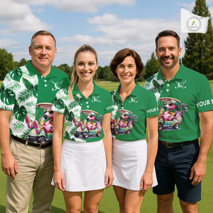 Personalized Tropical Leaf Green Golf Cart Design, Custom Flamingo Funny Womens Golf Polo Shirt  NHT596