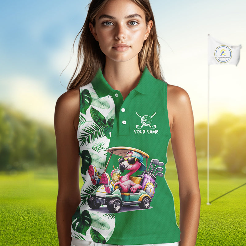 Personalized Tropical Leaf Green Golf Cart Design, Custom Flamingo Funny Womens Sleeveless Golf Polo Shirt  NHT596