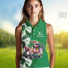 Load image into Gallery viewer, Personalized Tropical Leaf Green Golf Cart Design, Custom Flamingo Funny Womens Sleeveless Golf Polo Shirt  NHT596