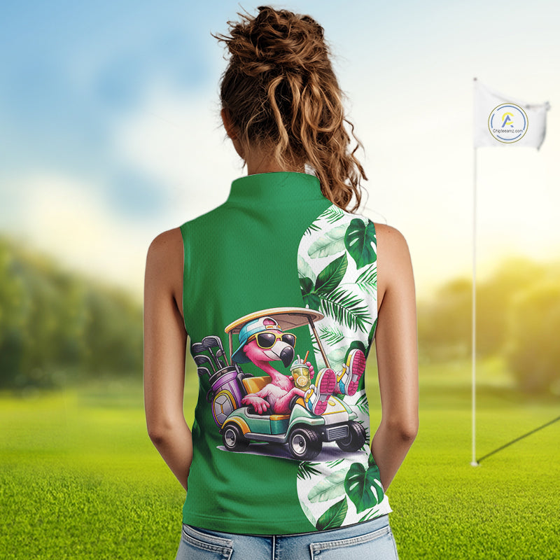 Personalized Tropical Leaf Green Golf Cart Design, Custom Flamingo Funny Womens Sleeveless Golf Polo Shirt  NHT596