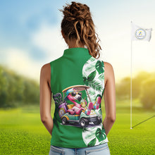 Load image into Gallery viewer, Personalized Tropical Leaf Green Golf Cart Design, Custom Flamingo Funny Womens Sleeveless Golf Polo Shirt  NHT596
