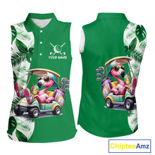 Load image into Gallery viewer, Personalized Tropical Leaf Green Golf Cart Design, Custom Flamingo Funny Womens Sleeveless Golf Polo Shirt  NHT596