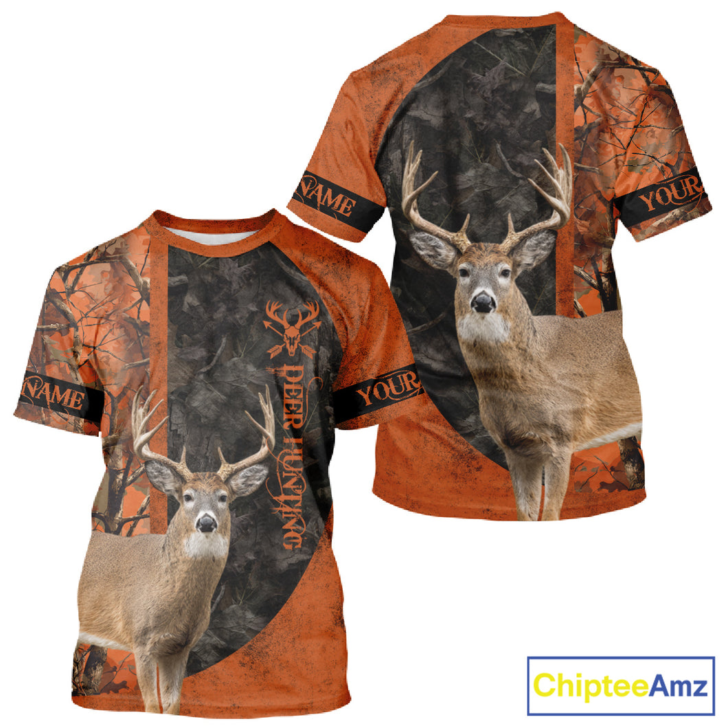 Whitetail Deer Hunting Orange Camo 3D All Over Printed Shirt, Custom Name Hunting Shirt NHT259
