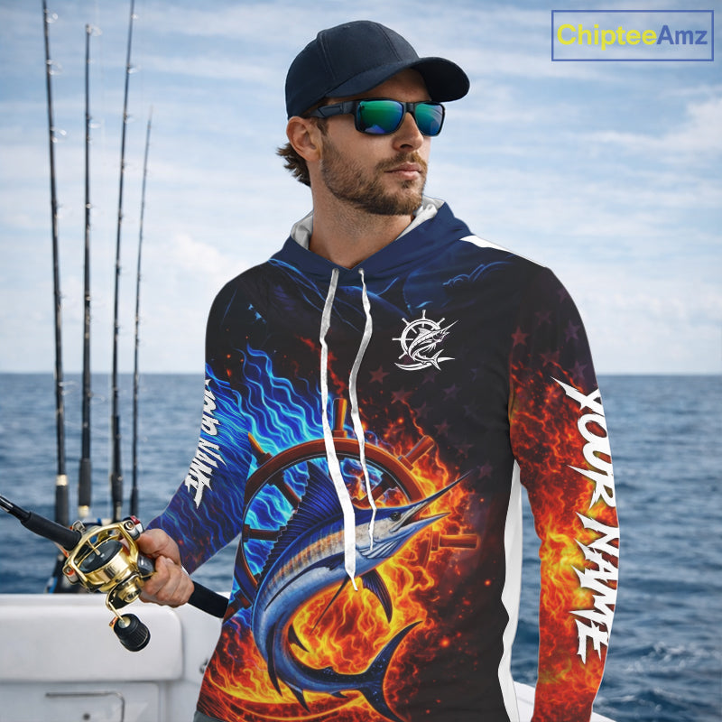 Marlin Fishing Shirt Long Sleeve Blue Fire Flame Smoke Personalized Name, Best Fishing Gift NHT427