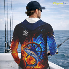 Load image into Gallery viewer, Marlin Fishing Shirt Long Sleeve Blue Fire Flame Smoke Personalized Name, Best Fishing Gift NHT427