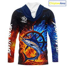 Load image into Gallery viewer, Marlin Fishing Shirt Long Sleeve Blue Fire Flame Smoke Personalized Name, Best Fishing Gift NHT427