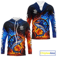Load image into Gallery viewer, Marlin Fishing Shirt Long Sleeve Blue Fire Flame Smoke Personalized Name, Best Fishing Gift NHT427
