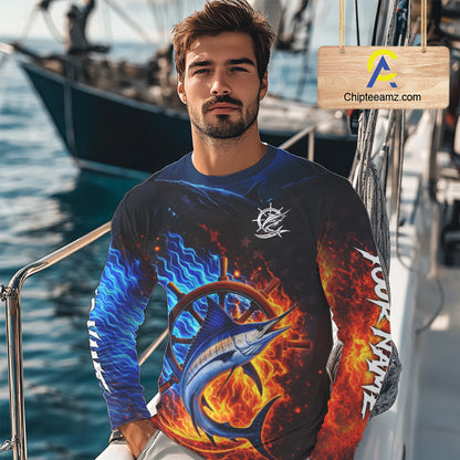 Marlin Fishing Shirt Long Sleeve Blue Fire Flame Smoke Personalized Name, Best Fishing Gift NHT427