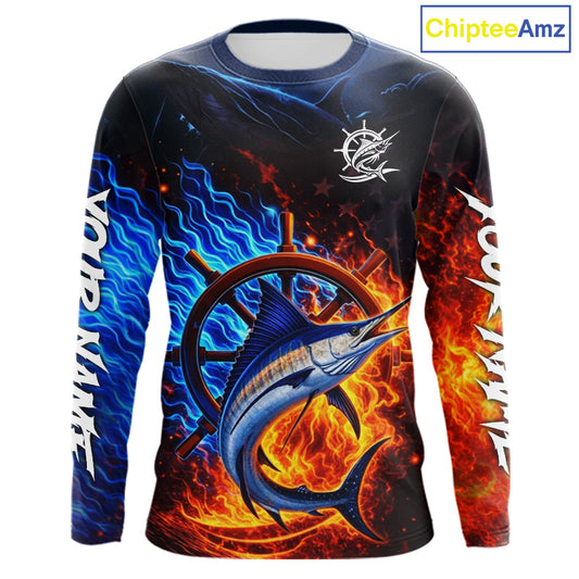 Marlin Fishing Shirt Long Sleeve Blue Fire Flame Smoke Personalized Name, Best Fishing Gift NHT427