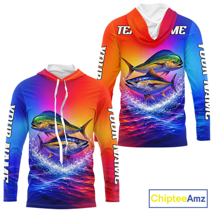 Personalized Mahi Mahi, Tuna Neon Performance Hooded Fishing Shirt, Offshore Tournament Shirts NHT599