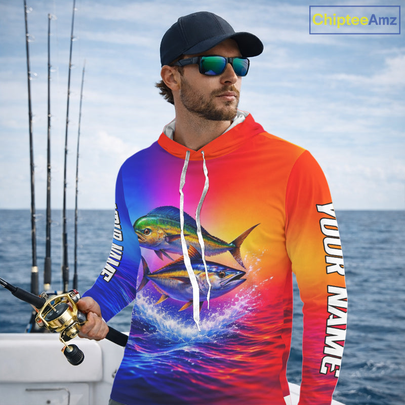 Personalized Mahi Mahi, Tuna Neon Performance Hooded Fishing Shirt, Offshore Tournament Shirts NHT599