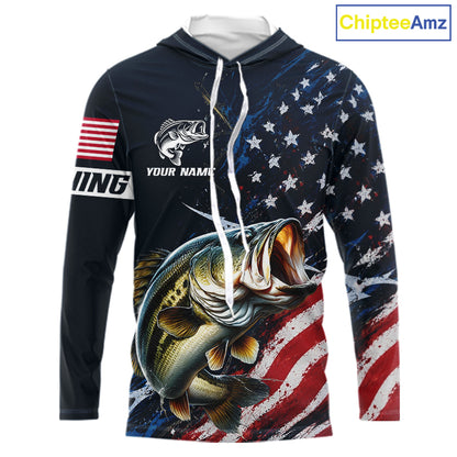 Bass Fishing Shirt Long Sleeve Hooded USA Flag, Custom Name Jersey