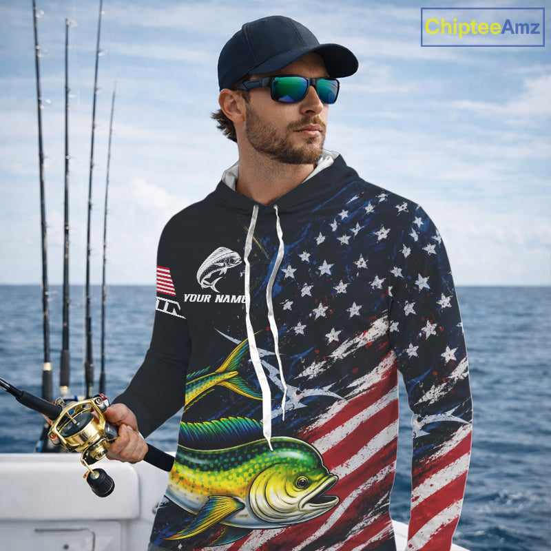 Mahi Mahi Fishing Shirts Long Sleeve Hooded American USA Flag Camo Custom Name, Fishing Jersey For Men NHT960