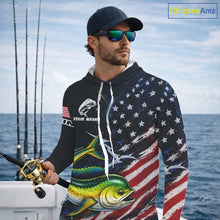 Load image into Gallery viewer, Mahi Mahi Fishing Shirts Long Sleeve Hooded American USA Flag Camo Custom Name, Fishing Jersey For Men NHT960