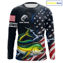 Load image into Gallery viewer, Mahi Mahi Fishing Shirt Long Sleeve USA Flag Custom Name Jersey