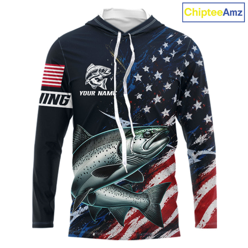 Chinook Salmon Long Sleeve Hooded Fishing Shirt USA Flag Camo, Custom