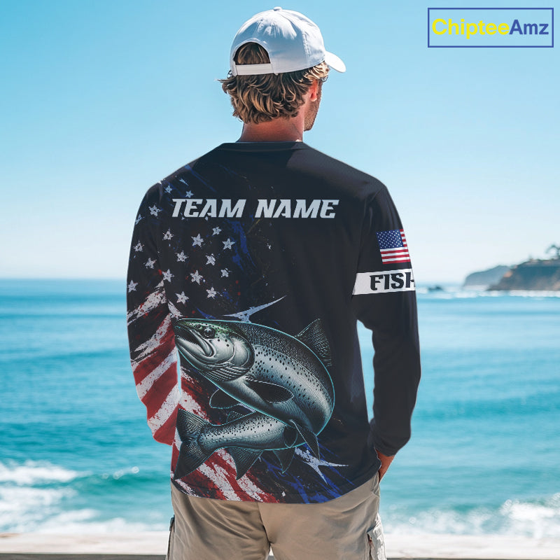 Chinook Salmon Fishing Shirts Long Sleeve American USA Flag Camo, Fishing Jersey For Men NHT961
