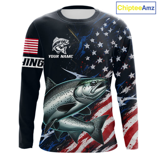 Chinook Salmon Long Sleeve Fishing Shirt USA Flag Camo, Custom