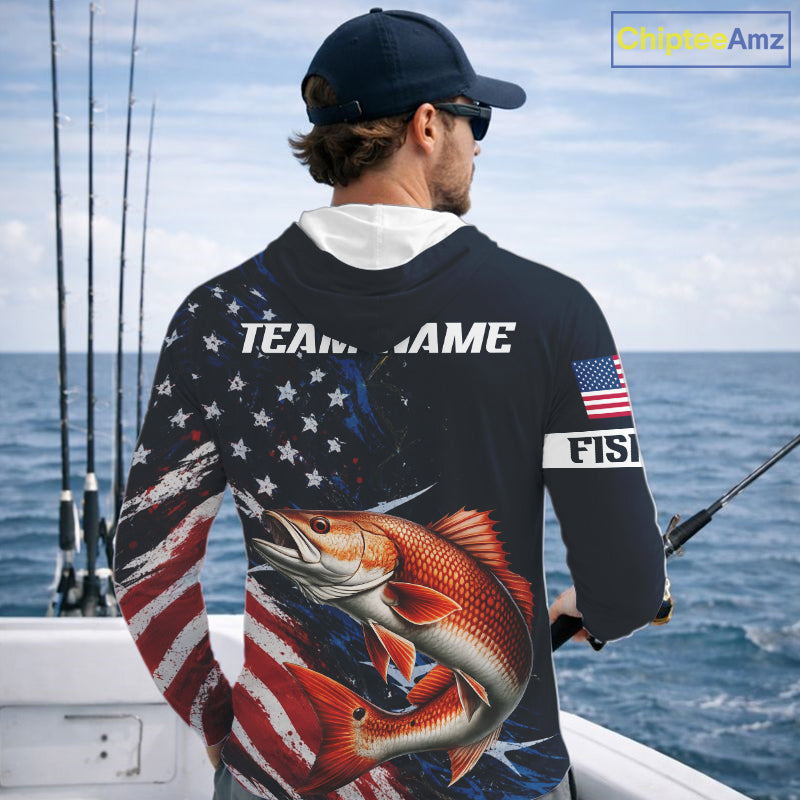 Redfish Fishing Shirts Long Sleeve Hooded American USA Flag Camo, Fishing Jersey For Men NHT962