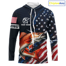 Load image into Gallery viewer, Redfish Fishing Shirt Long Sleeve Hooded USA Flag Camo, Custom Name