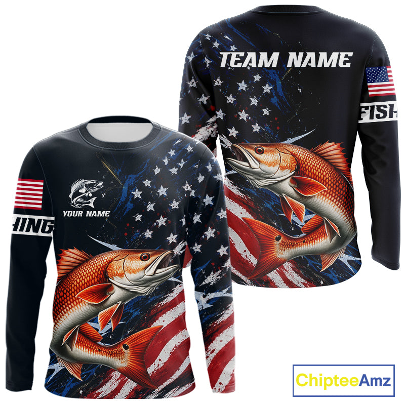 Redfish Fishing Shirt Long Sleeve USA Flag Camo, Custom Name