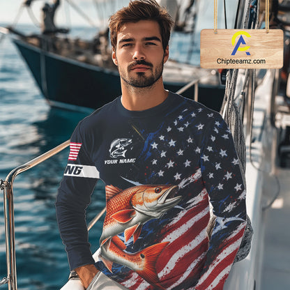 Redfish Fishing Shirts Long Sleeve American USA Flag Camo, Fishing Jersey For Men NHT962