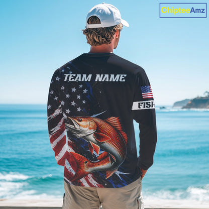 Redfish Fishing Shirts Long Sleeve American USA Flag Camo, Fishing Jersey For Men NHT962