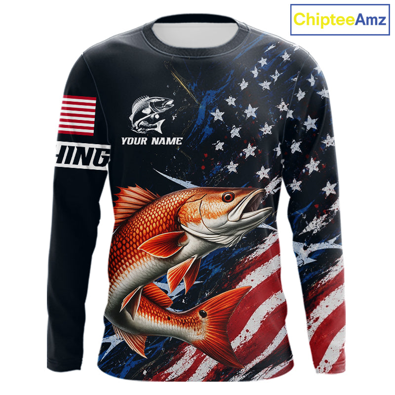 Redfish Fishing Shirt Long Sleeve USA Flag Camo, Custom Name