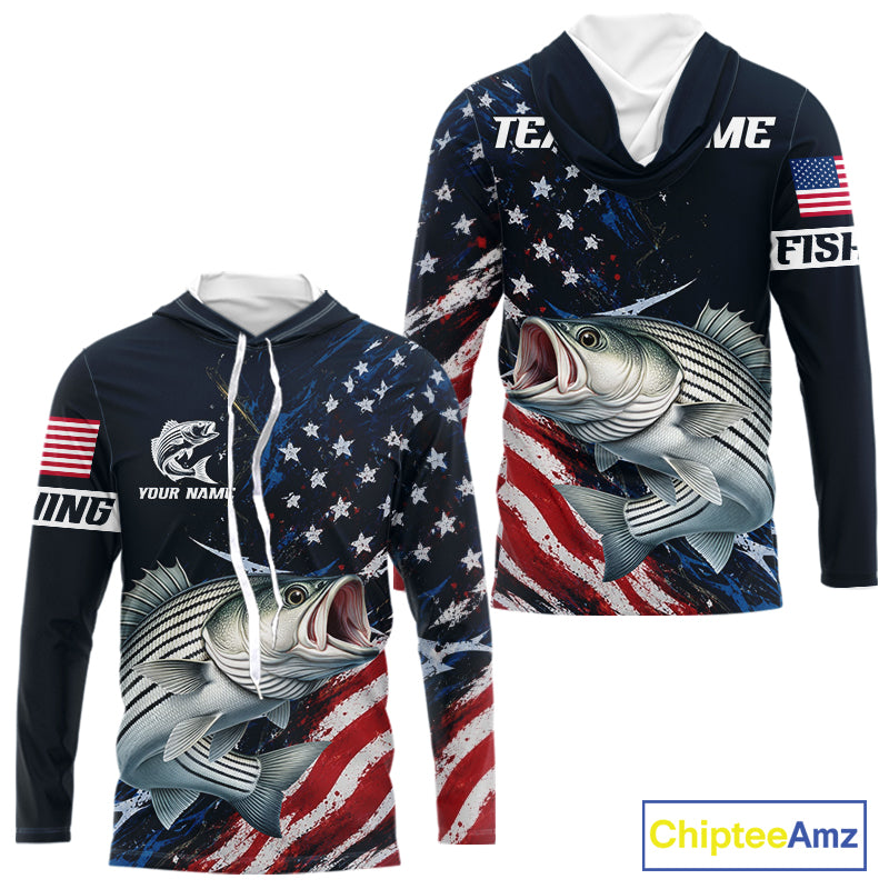 Striped Bass Fishing Shirt Long Sleeve Hooded USA Flag Camo, custom name