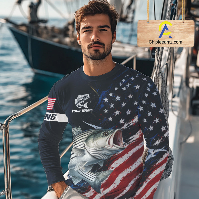 Striped Bass Fishing Shirts Long Sleeve American USA Flag Camo, Fishing Jersey For Men NHT963