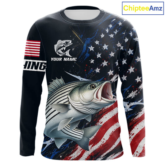 Striped Bass Fishing Shirt Long Sleeve USA Flag Camo, custom name