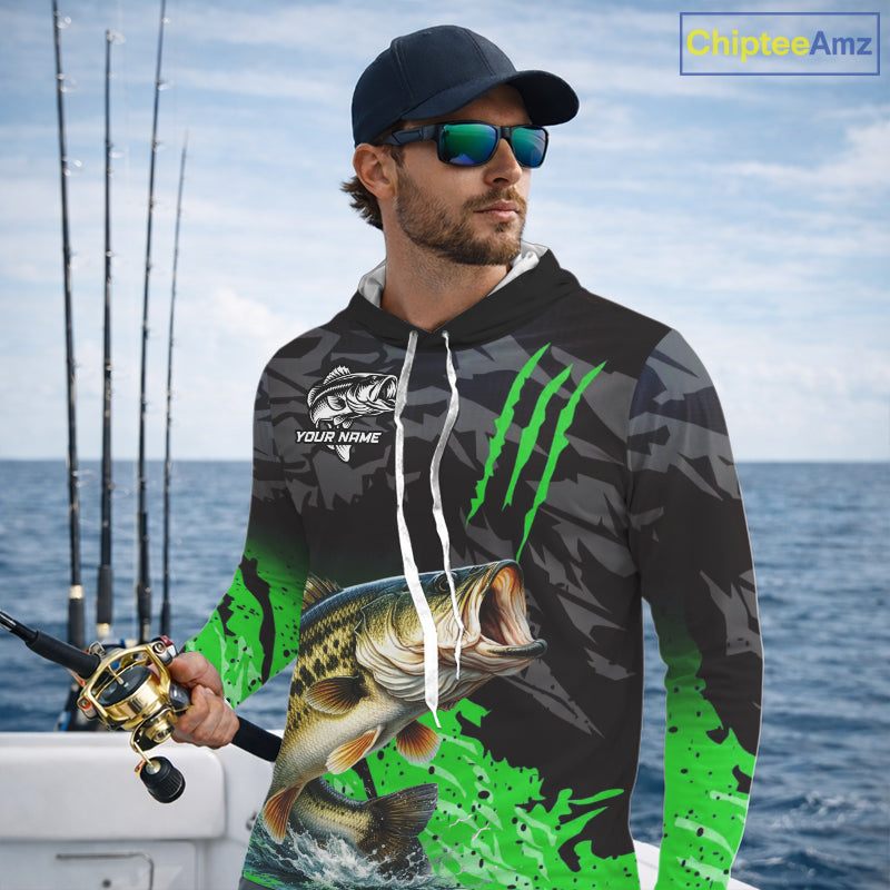 Hooded Largemouth Bass Fishing Jerseys For Men, Custom Bass Performance Fishing Apparel|Green NHT1418