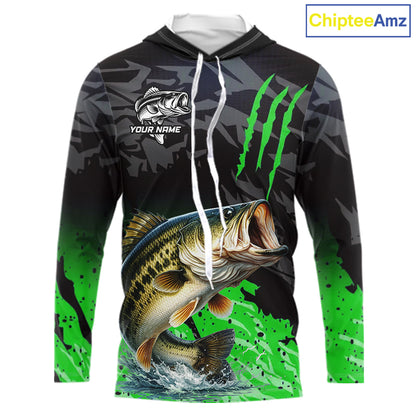 Hooded Largemouth Bass Fishing Jerseys For Men, Custom Bass Performance Fishing Apparel|Green NHT1418
