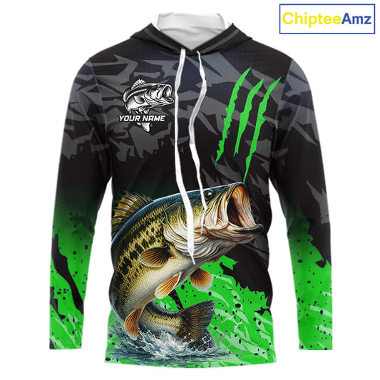 Hooded Largemouth Bass Fishing Jerseys For Men, Custom Bass Performance Fishing Apparel|Green NHT1418