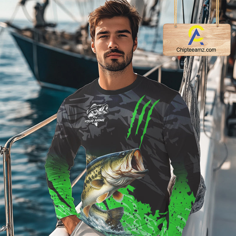 Largemouth Bass Fishing Jerseys For Men, Custom Bass Performance Fishing Apparel|Green NHT1418
