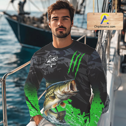 Largemouth Bass Fishing Jerseys For Men, Custom Bass Performance Fishing Apparel|Green NHT1418