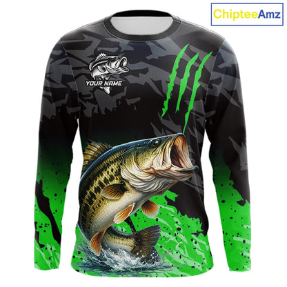 Largemouth Bass Fishing Jerseys For Men, Custom Bass Performance Fishing Apparel|Green NHT1418