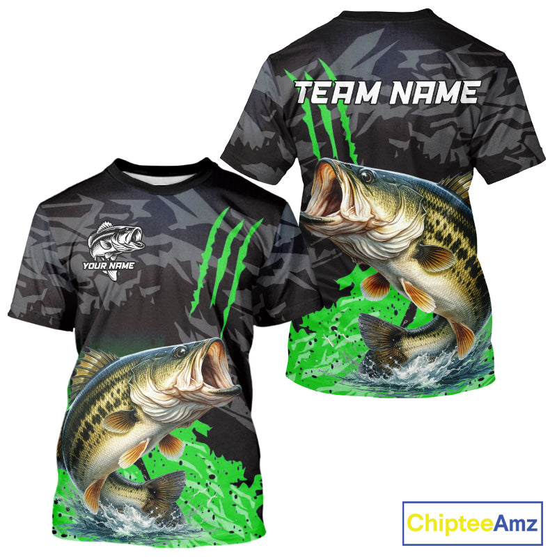 T-Shirt Bass Fishing Jerseys For Men, Custom Bass Performance Fishing Apparel|Green NHT1418