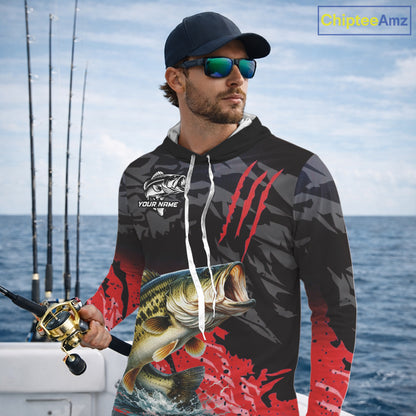 Hooded Largemouth Bass Fishing Jerseys For Men, Custom Bass Performance Fishing Apparel|Red NHT1419