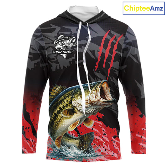 Hooded Largemouth Bass Fishing Jerseys For Men, Custom Bass Performance Fishing Apparel|Red NHT1419
