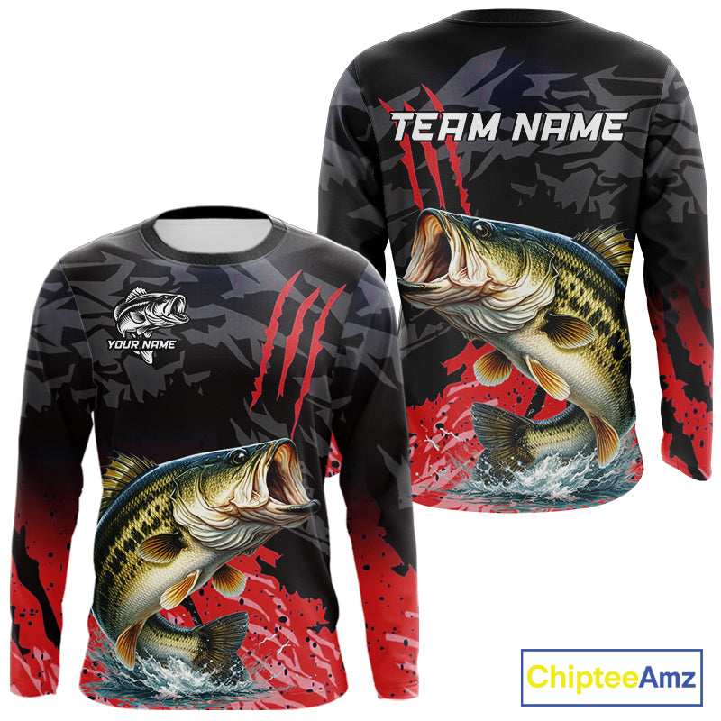 Largemouth Bass Fishing Jerseys For Men, Custom Bass Performance Fishing Apparel|Red NHT1419