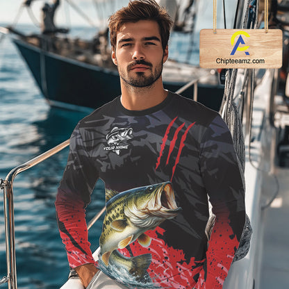Largemouth Bass Fishing Jerseys For Men, Custom Bass Performance Fishing Apparel|Red NHT1419