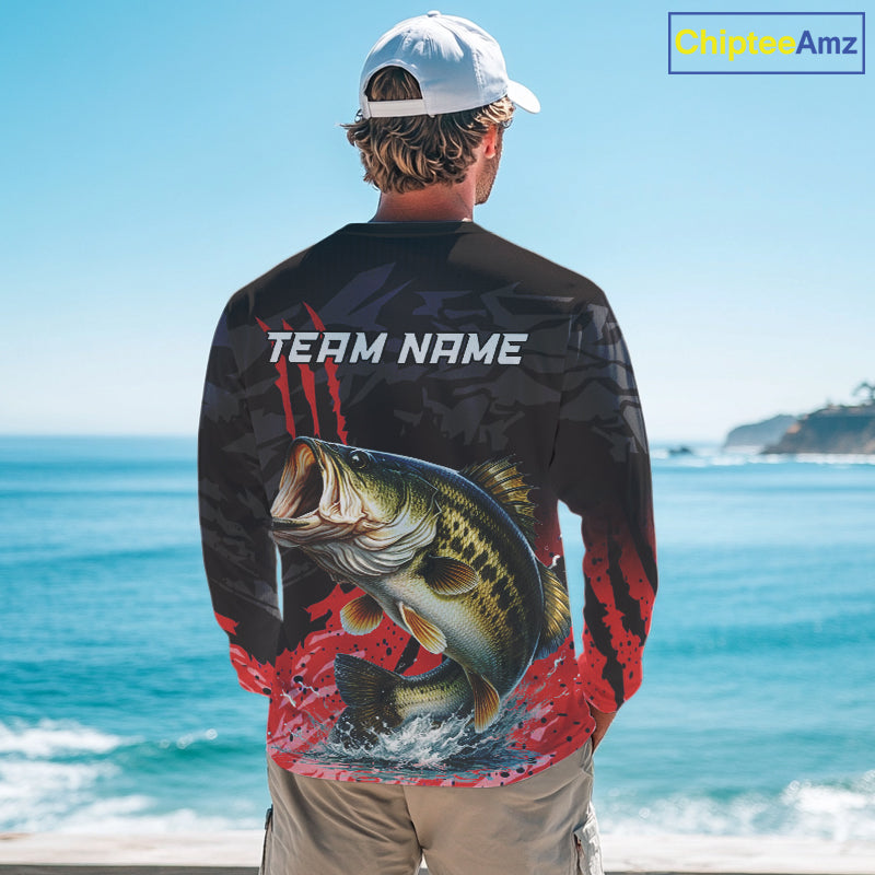 Largemouth Bass Fishing Jerseys For Men, Custom Bass Performance Fishing Apparel|Red NHT1419