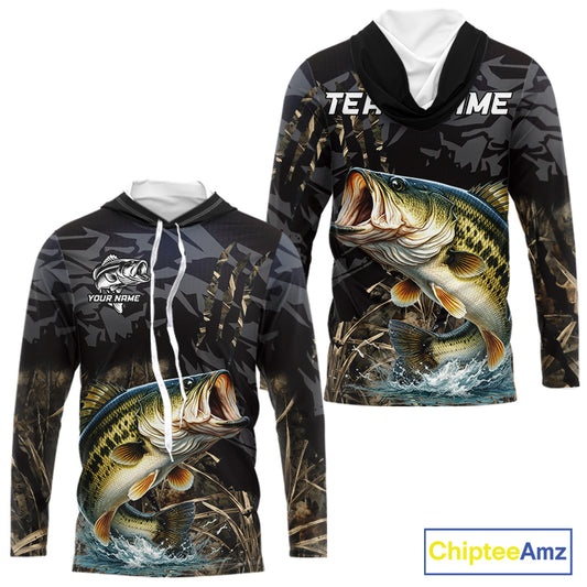 Hooded Largemouth Bass Fishing Jerseys For Men, Custom Bass Performance Fishing Apparel|Camo NHT1420