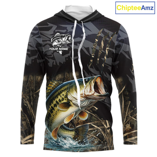 Hooded Largemouth Bass Fishing Jerseys For Men, Custom Bass Performance Fishing Apparel|Camo NHT1420