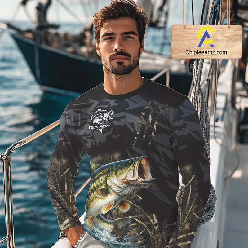 Largemouth Bass Fishing Jerseys For Men, Custom Bass Performance Fishing Apparel|Camo NHT1420