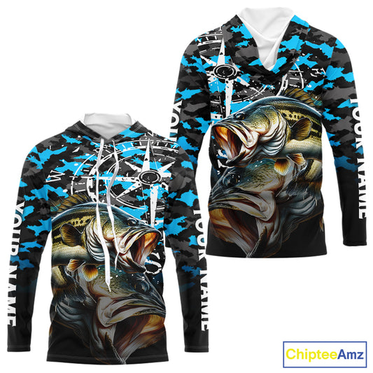 Largemouth Bass Hooded Fishing Shirt For Men, Blue Camo Compass Long Sleeve Fishing Jersey NHT1762
